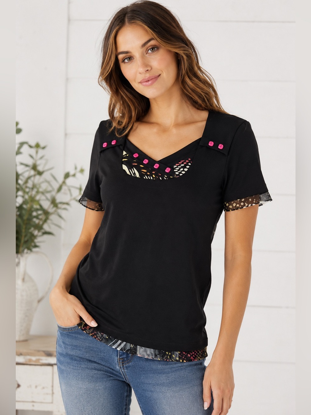 Brazil Rio Dolce Vita Black Embellished Top Sheer Sleeve Boutique Chic Top